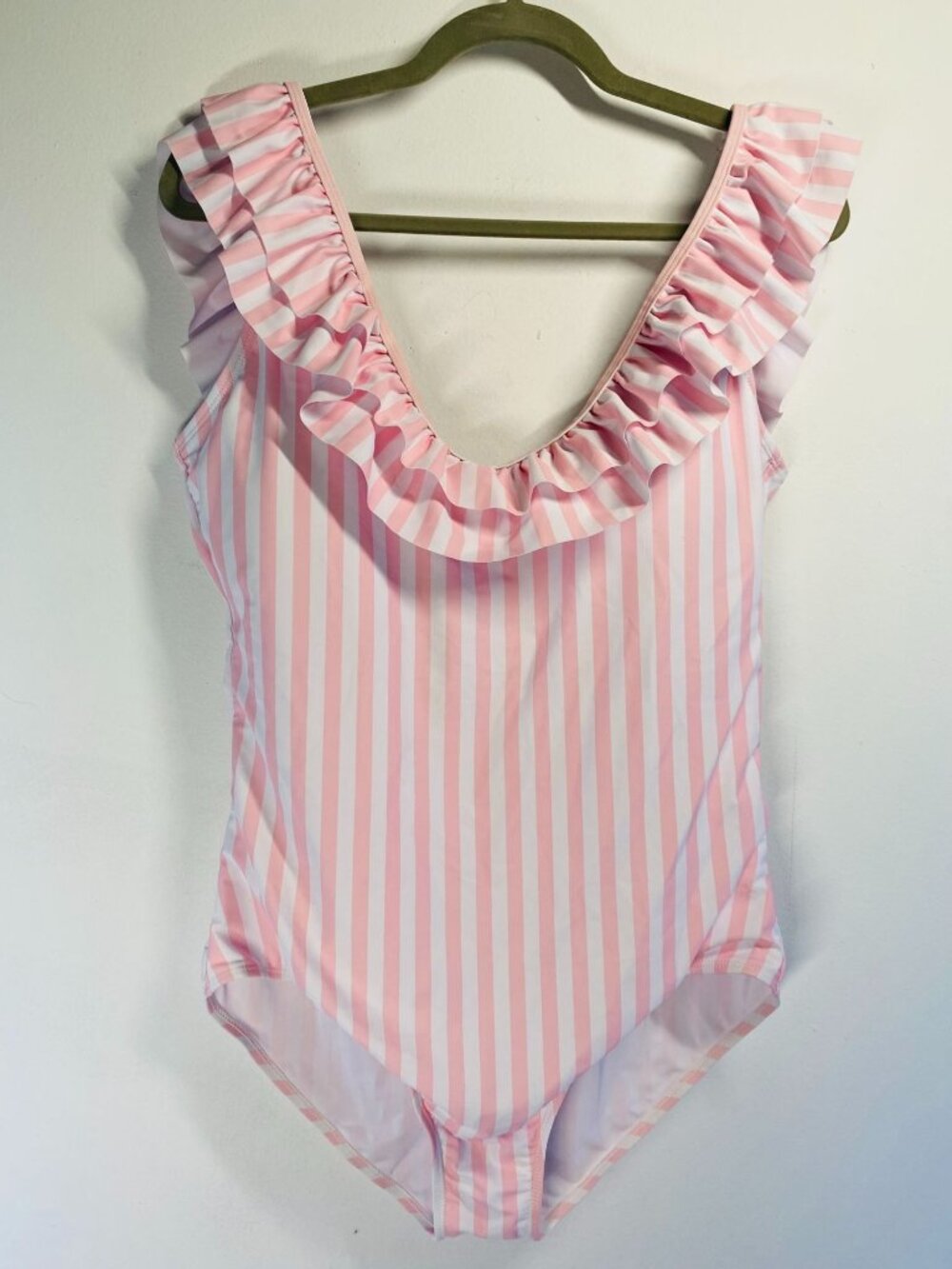Ruffle Striped Pink & White One-Piece Swimsuit For Women XL With Padded Cups